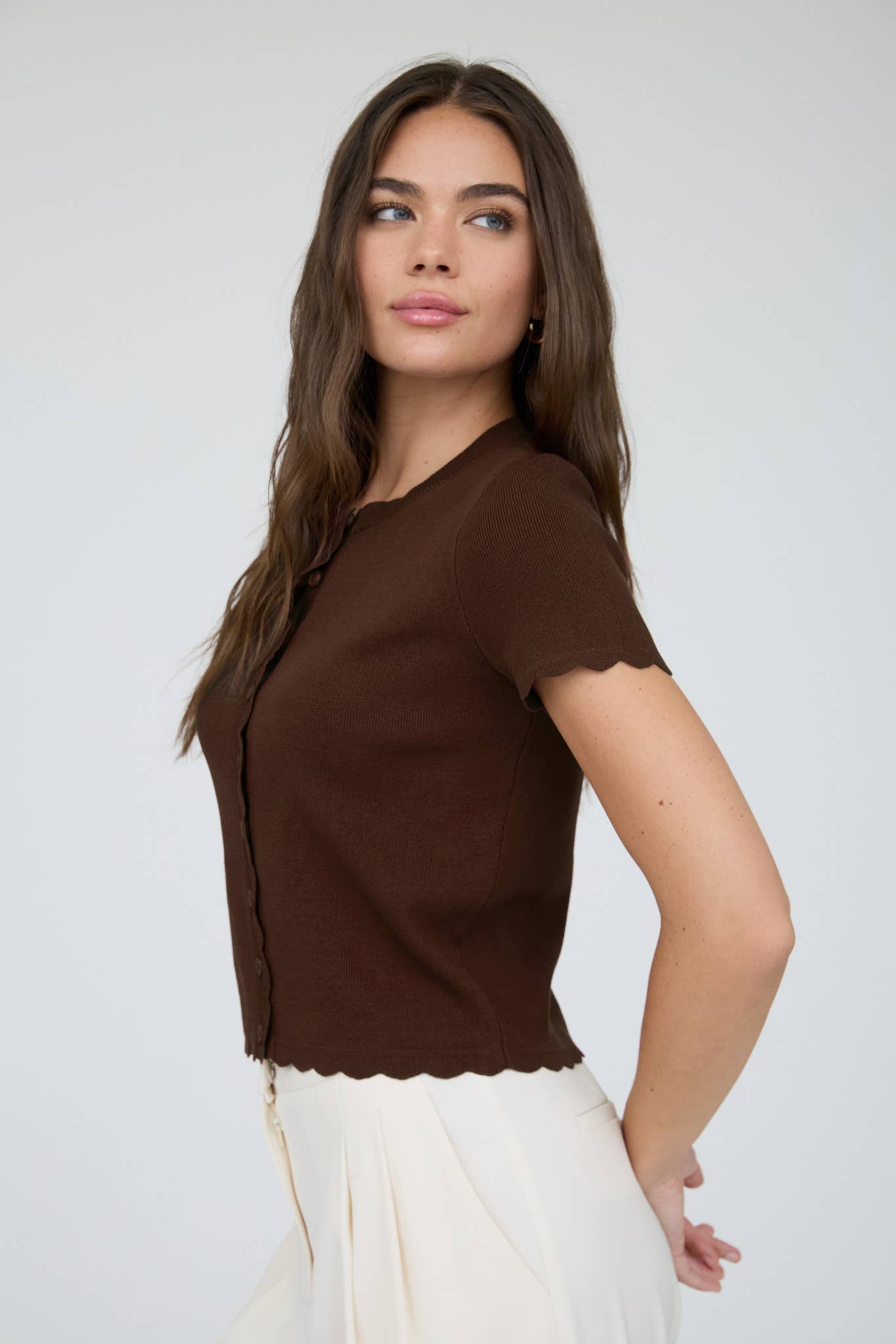 SCALLOPED SHORT SLEEVE BUTTON DOWN KNIT CARDIGAN