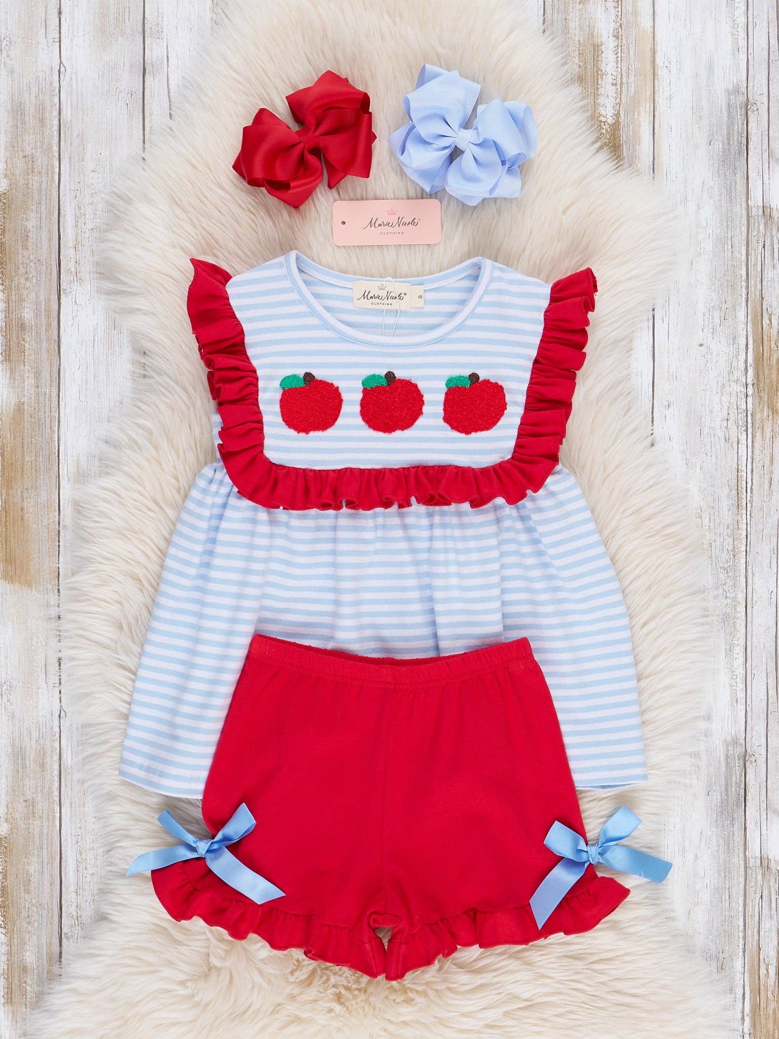 Red Apples & Blue Stripes Ruffle Outfit