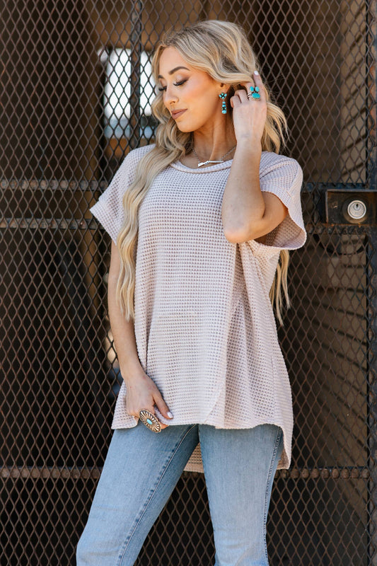 Round Neckline Crochet Poncho Sleeve Top: OATMEAL / S/M