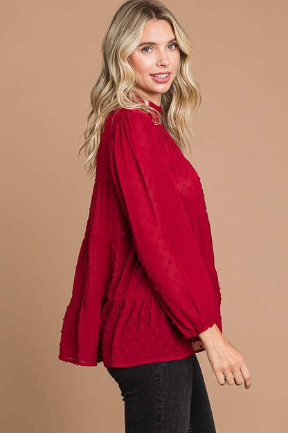 CWT1887Q - SMOCK NECK TIERED 3/4 SLEEVE TOP