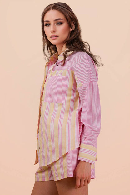 NT12497SETX-PLUS SIZE Stripe Woven Shirt Top & Shorts Set