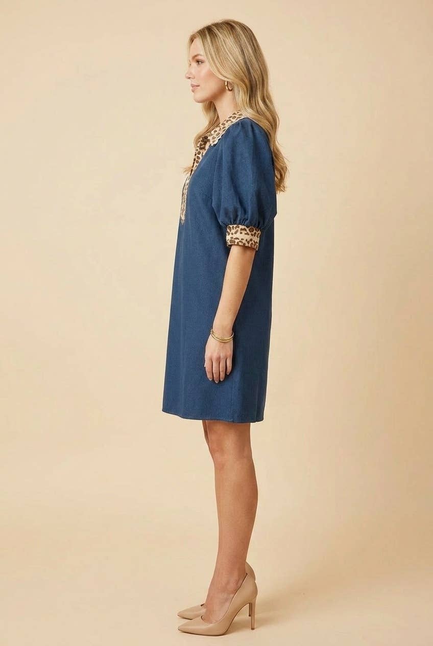 HD50303 Leopard Trim Puff Sleeve Mini Dress