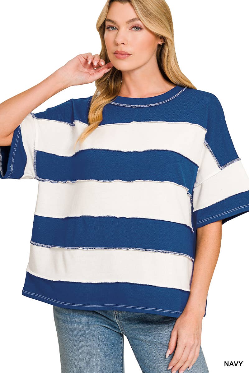French Terry Striped Exposed Seam Top - Zenana