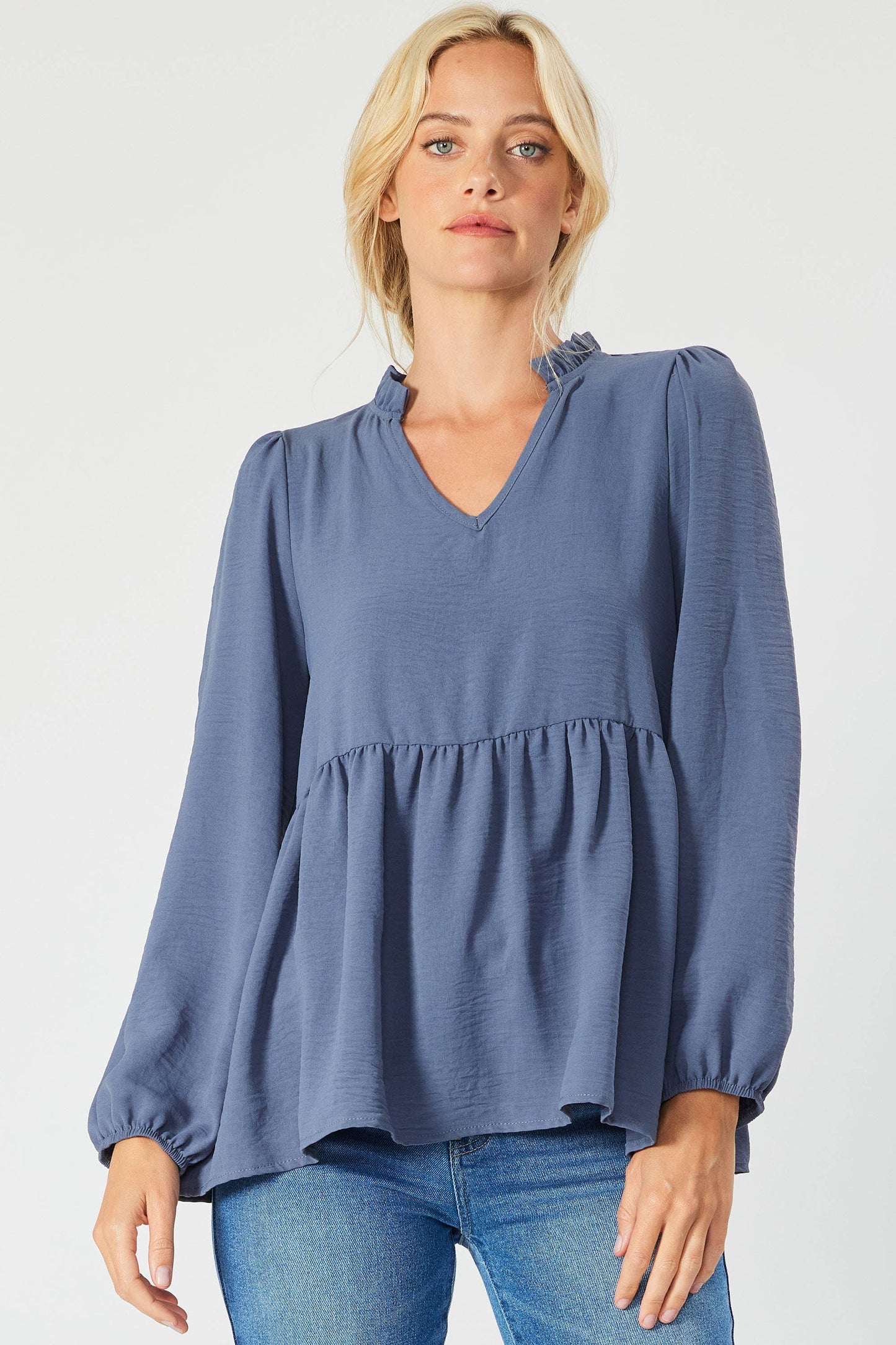 ST3073-A - SOLID LONG SLEEVE PEPLUM  TOP WITH RUFFLE COLLAR