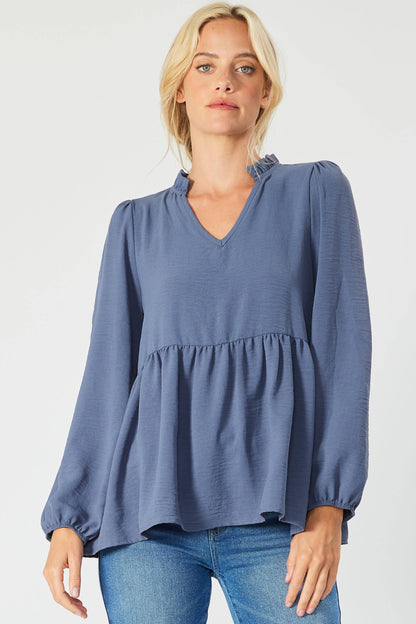 ST3073-A - SOLID LONG SLEEVE PEPLUM  TOP WITH RUFFLE COLLAR