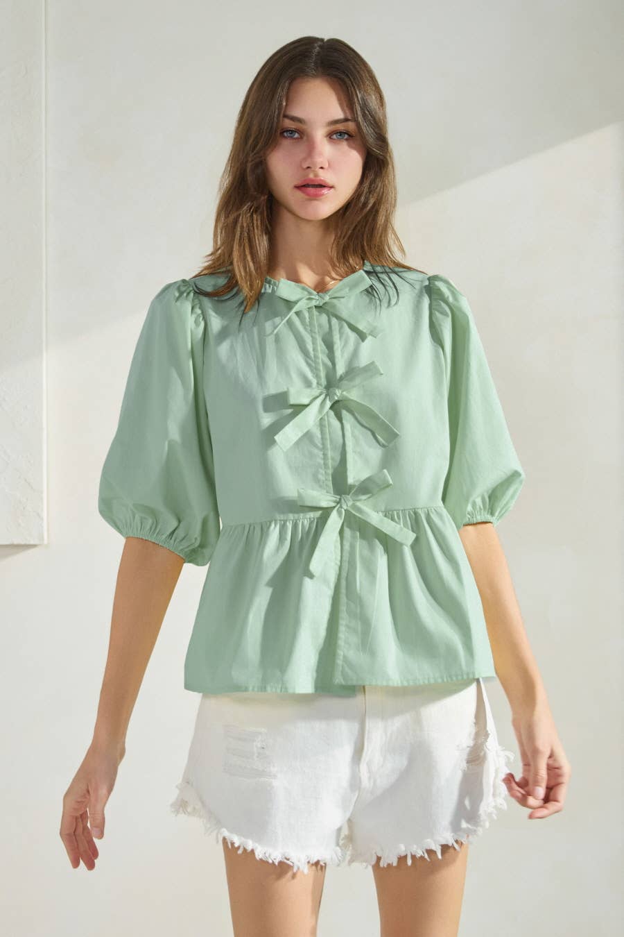 Solid Cotton Poplin Front Tie Ribbon Blouse: Burgundy / L