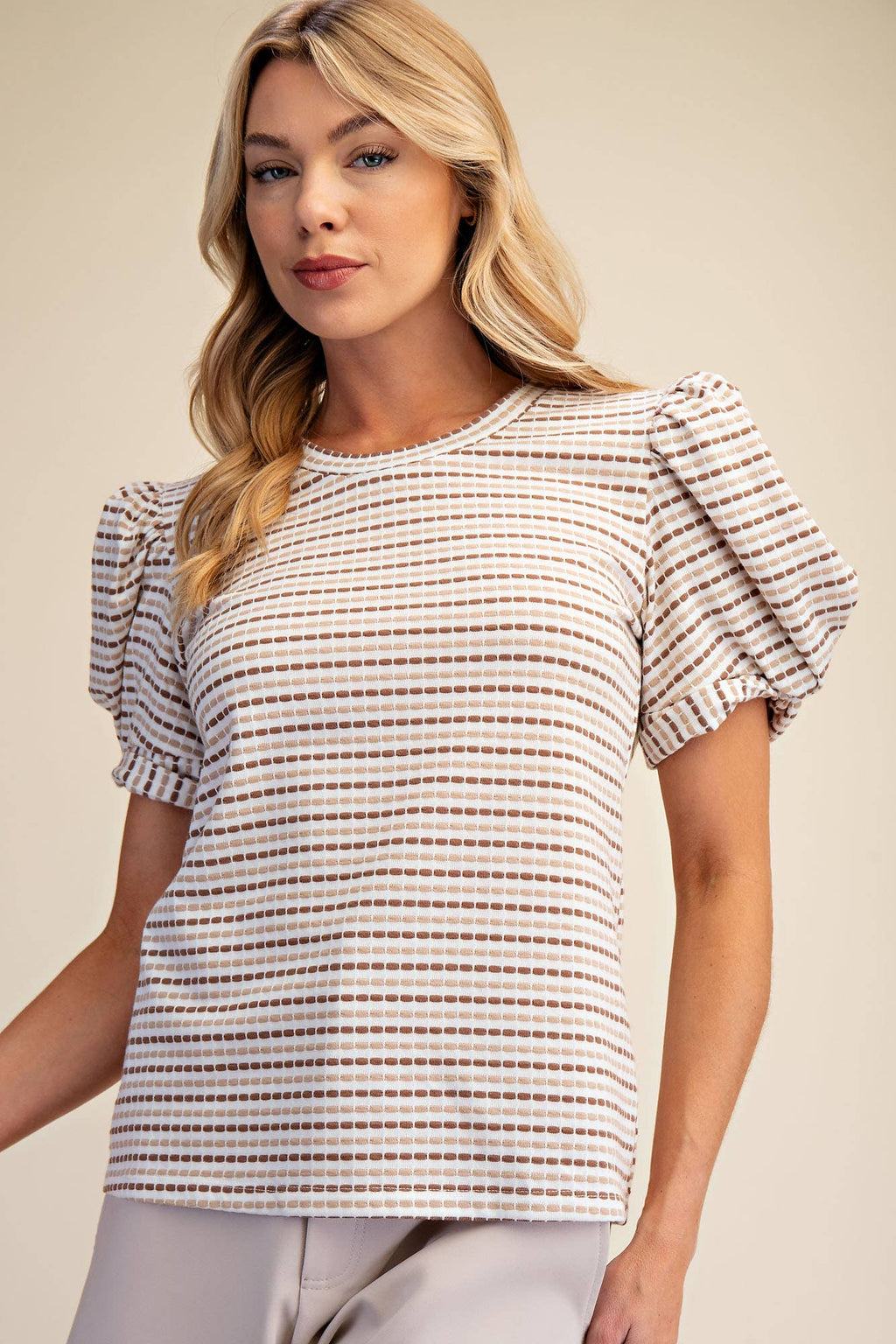 Round Neck Puff Sleeve Stripe Top