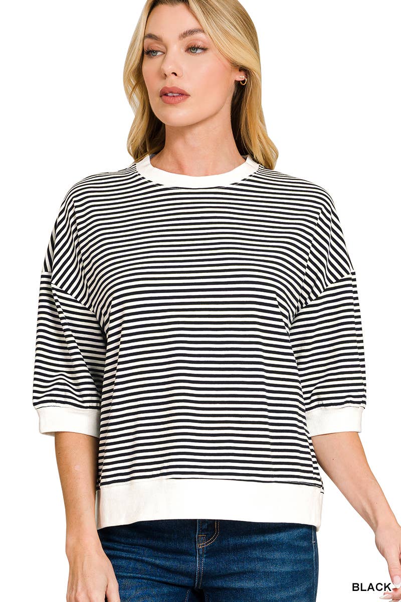 Striped Contrast Trim Banded Bottom Top - Zenana