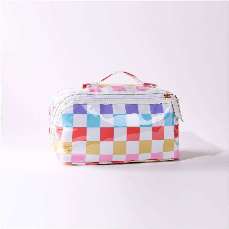 CHECKER STRIPED  OPEN FLAT COSMETIC MAKEUP POUCH | 40P610