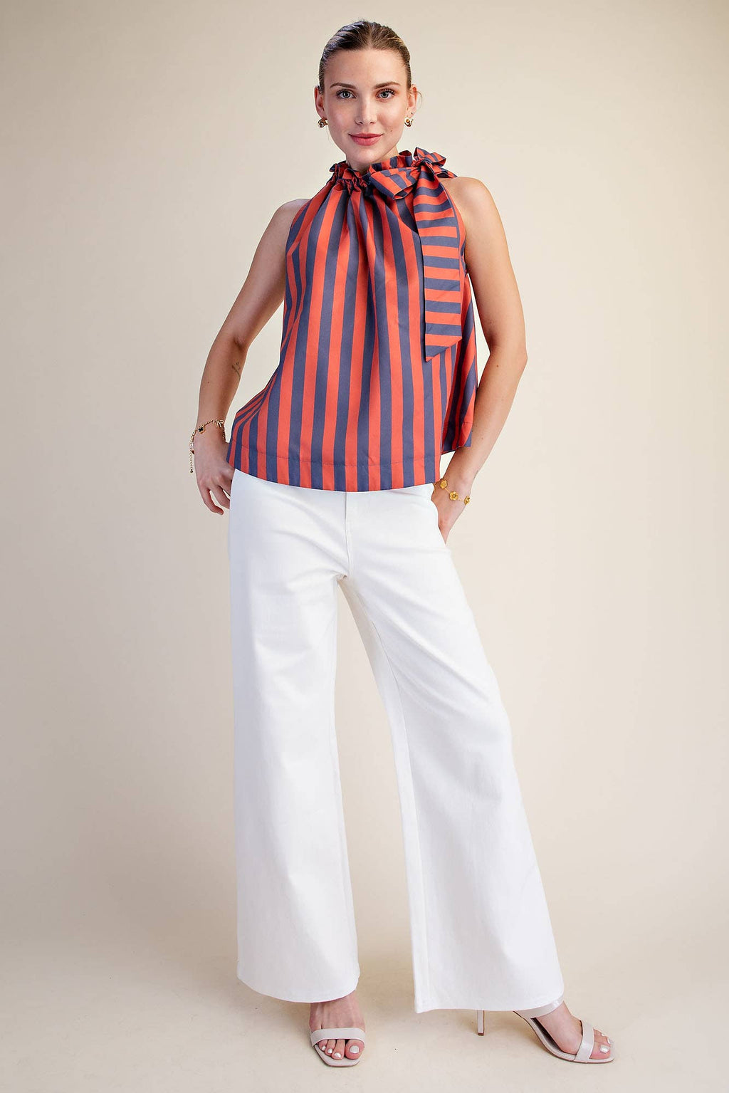Ruffle Neck Tie Sleeveless Stripe Top